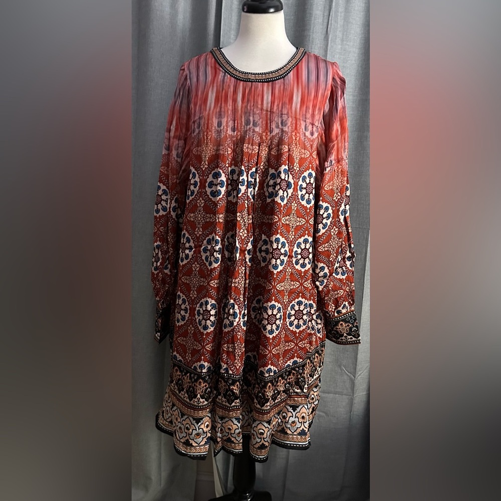 Anthropologie Rust Red Patterned Boho Mini Dress - Picture 4 of 4